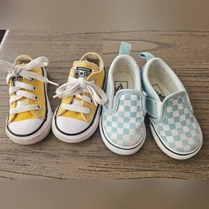 Converse All Star Kids Yellow Sneakers & Light Blue Plaid Vans
